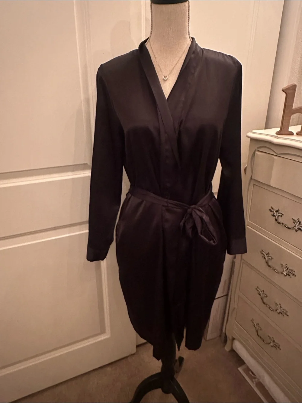 Morgan Taylor Black Satin Wrap Robe with Tie